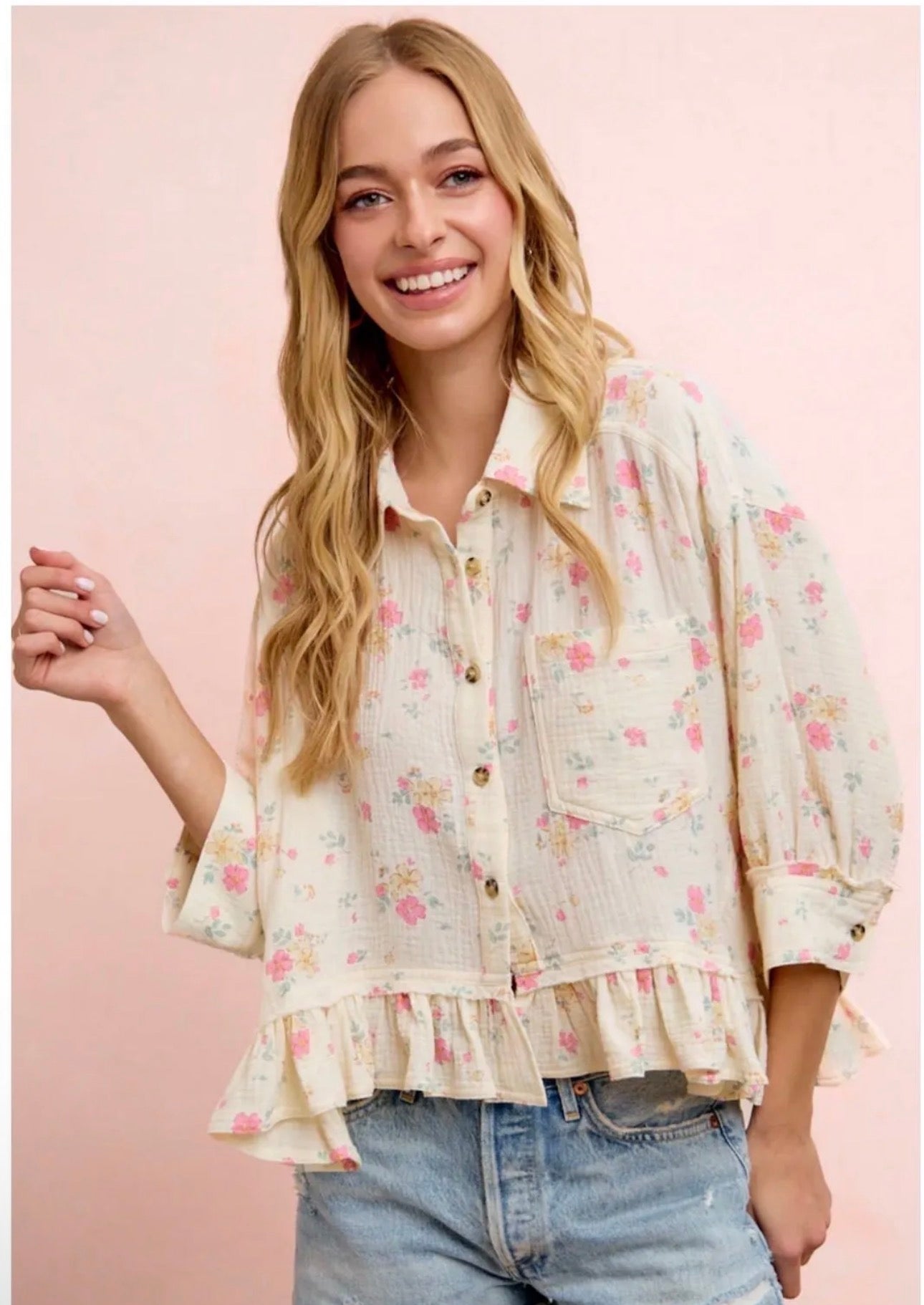 Bibi Floral Crinkle Quarter Sleeve Ruffle Shirt
