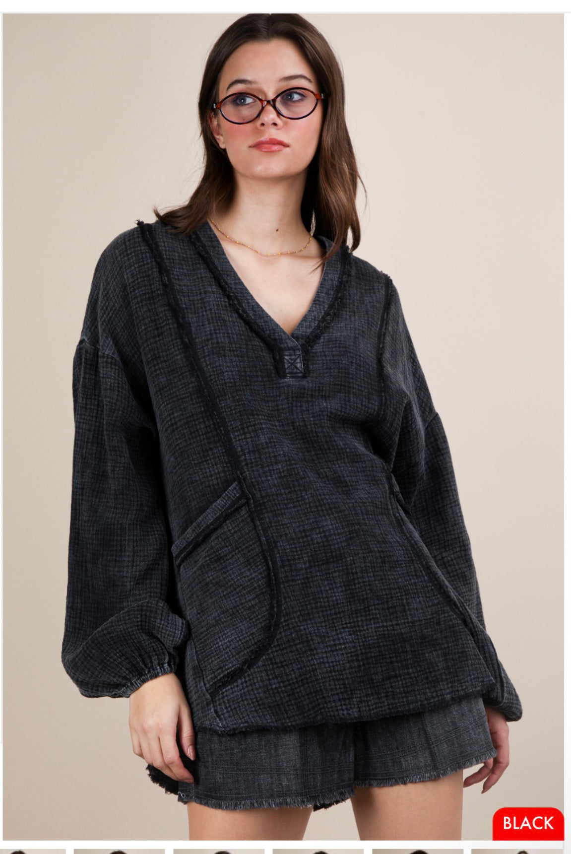 Very J Washed Cotton Gauze Oversized Top in Black