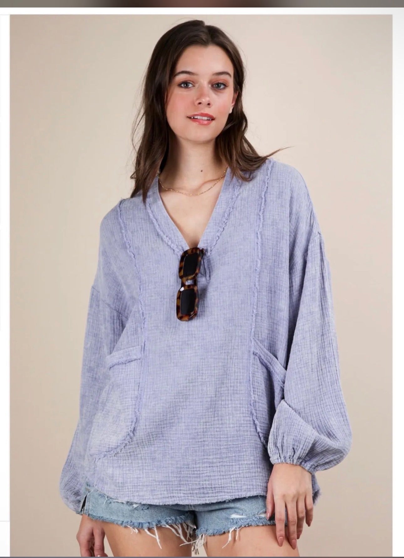 Very J Washed Cotton Gauze Oversized Top in Blue